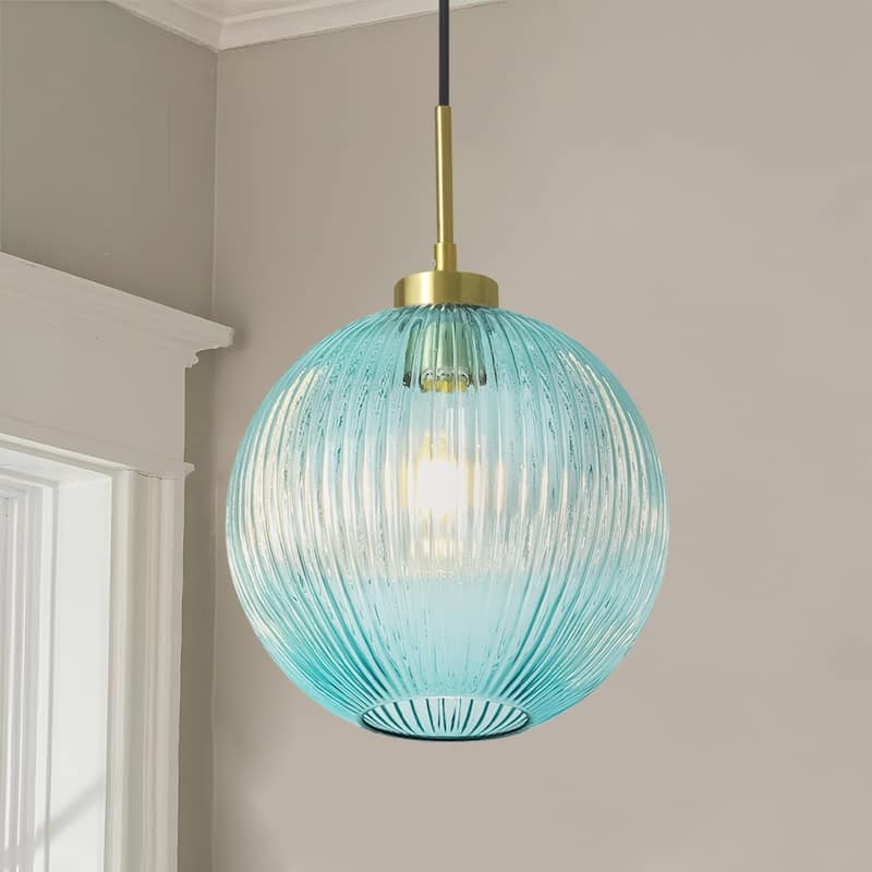 1-Light 9.8" W Mid-century Modern Metal Hanging Pendant Light with Blue Ribbed Glass Globe Shade for Kitchen Island, Dining Room - Blue/Gold - 9.8 in. W x 14.2 in. H x 9.8 in. D