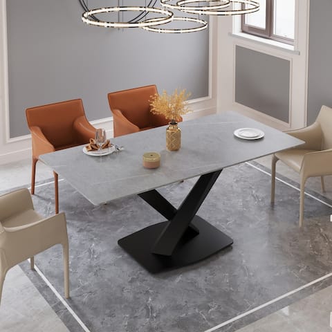 Modern Dining Table Set for 8, Gray Sintered Stone Tabletop Dining Table with Carbon Steel Base