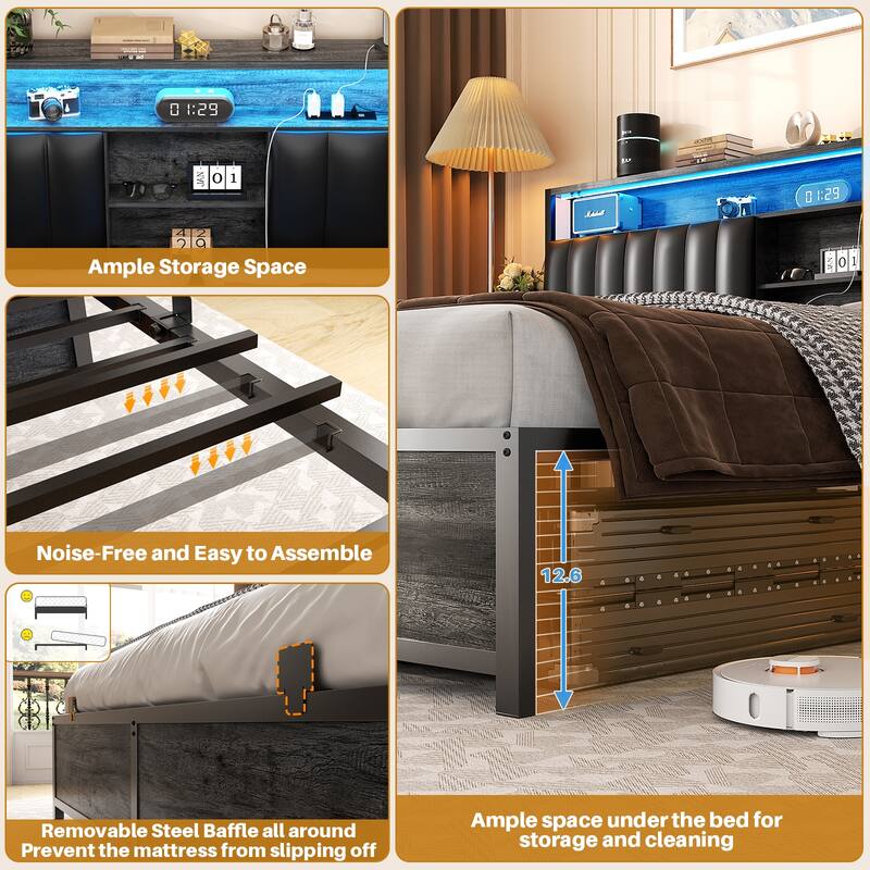 Upholstered Bed Frame with Storage Shelving, Platform Beds with Charge Station and LED Lights