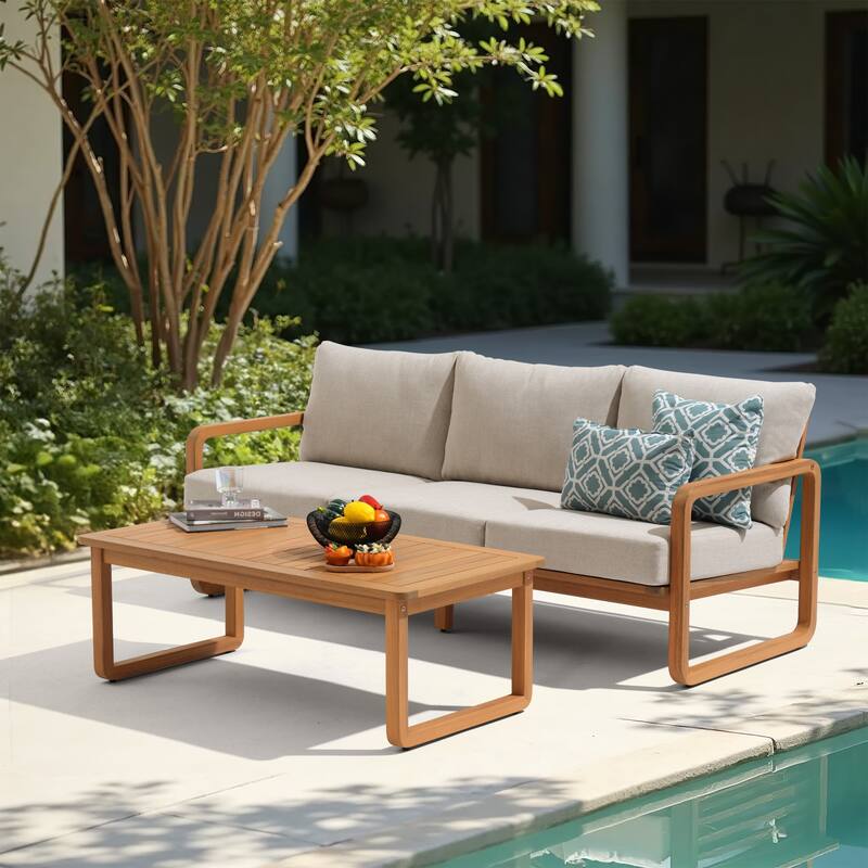 Outdoor 3-Seat Chair Set with Coffee Table in Acacia Wood - Beige & Natural