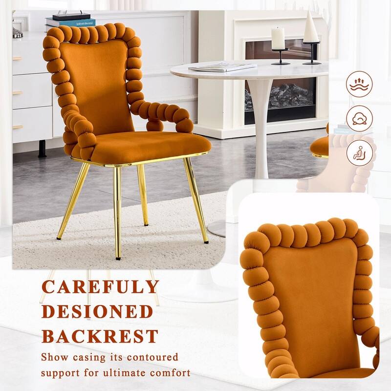 Set of 2 Puffy Bubble Velvet Dining Chairs with Ball Chain Design & Gold Legs