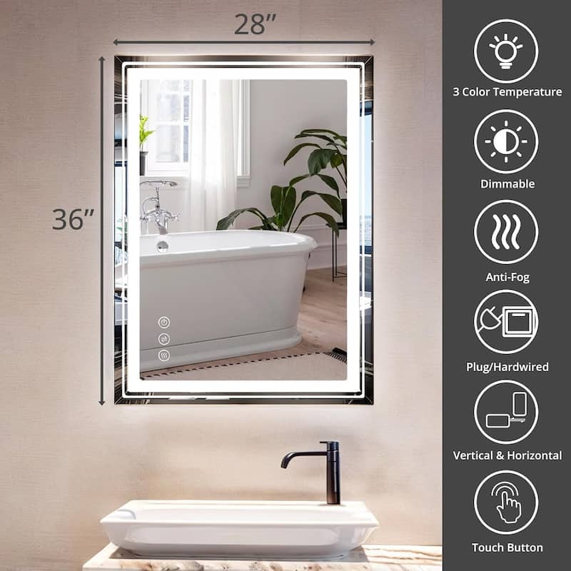 Bathroom Mirror with Lights 36x28 Inch Anti-Fog Shatter-Proof Wall-Mounted Vanity Mirrors with Frontlit & Backlit - 28x36