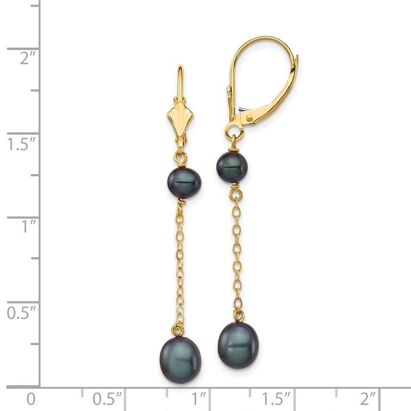 Curata 14k Yellow Gold 5-7mm Black Rice Freshwater Cultured Pearl Leverback Earrings - 49.75mm
