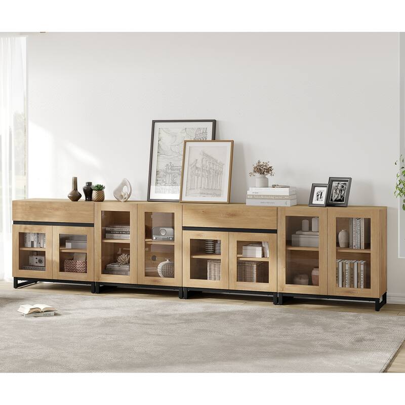 4 in 1 Multifunctional Dresser with Glass Doors & 2 Drawers, Adjustable Shelf & Metal Base Storage Cabinet - Oak - 2-drawer