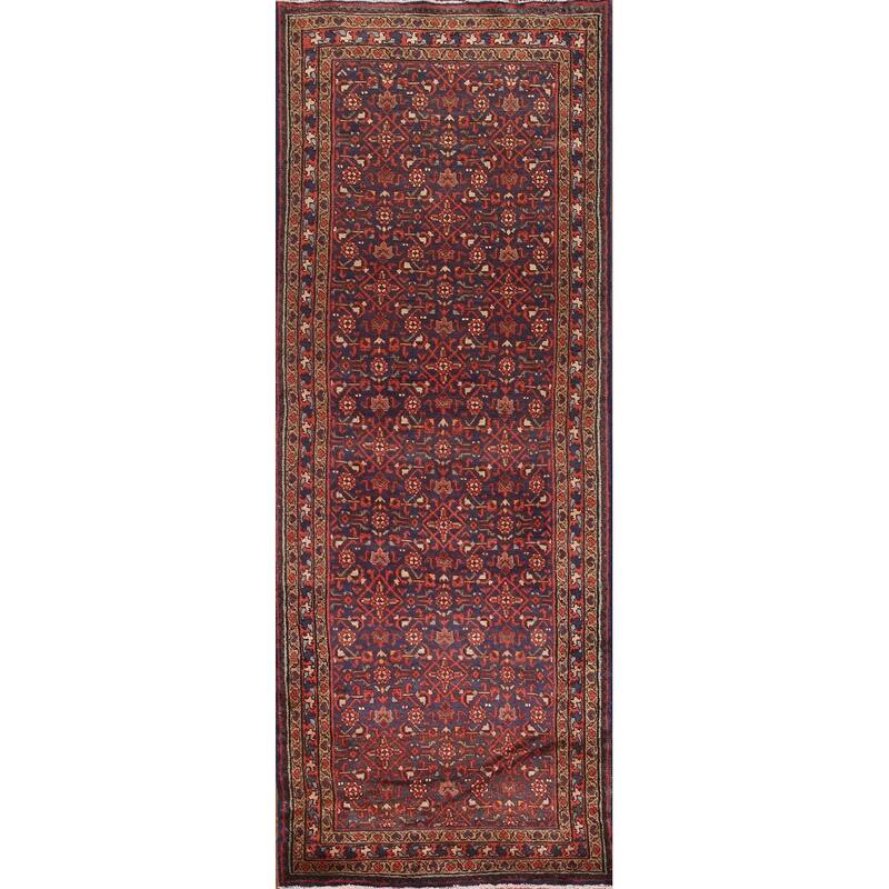 Hand Knotted Oriental 100% Wool Carpet Traditional Geometric Navy Blue & Blues Mahal Runner Rug - 9' 8'' X 3' 7''
