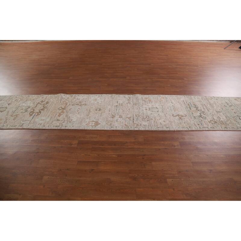 Hand Knotted Oriental 100% Wool Carpet Transitional All-Over Beige & Ivories Oushak Runner Rug - 13' 4'' X 2' 5''