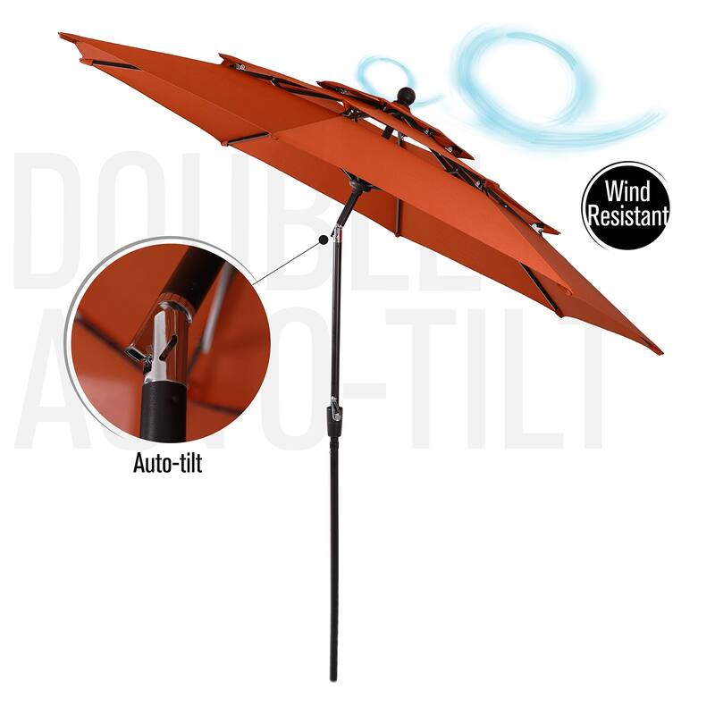 PHI VILLA 9ft Fiberglass Patio Umbrellas, Outdoor Printing Auto -Tilt Market Umbrella With 8 Sturdy Ribs, Navy Blue & White Printing