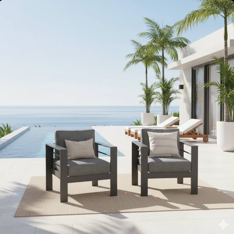 2-Pack 28" Aluminum Patio Armchairs with Thick Dark Gray Cushions Gray Frame