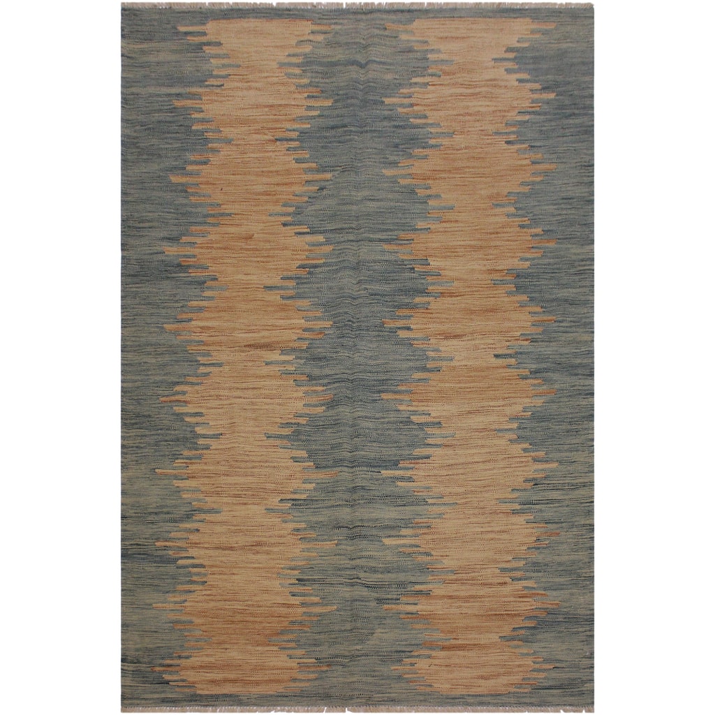Modern Turkish Kilim Snell Grey Blue Hand-Woven Wool Rug - 5'8'' x 7'11''