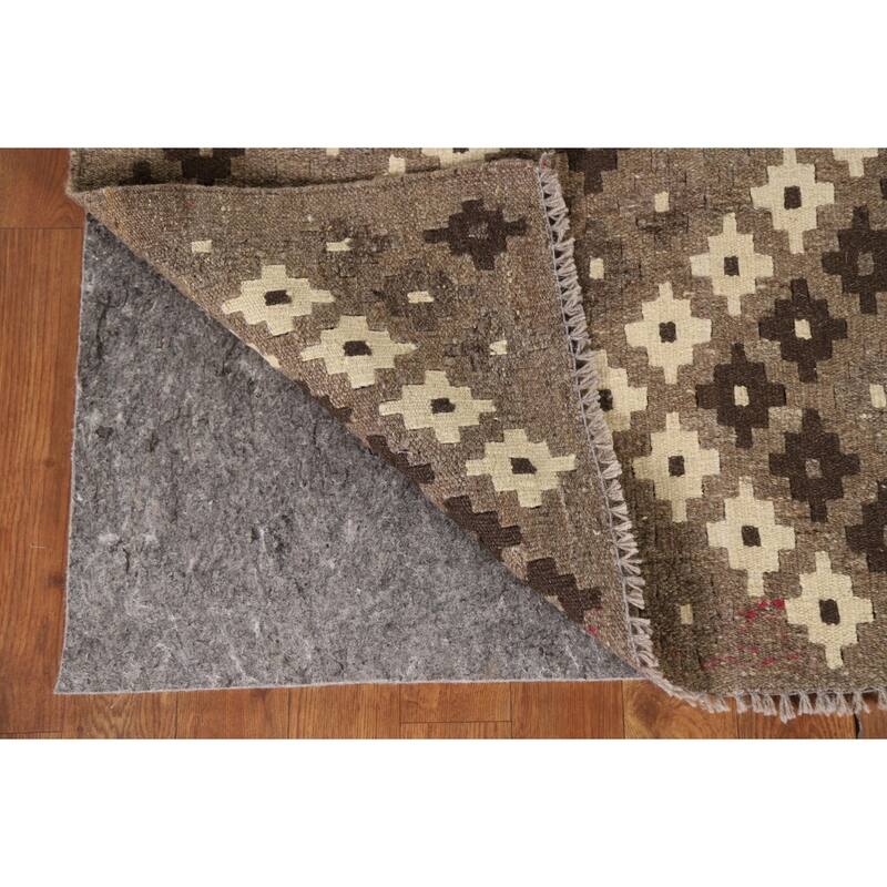 Brown Geometric Kilim Oriental Area Rug Flatweave Wool Carpet - 3'5"x 4'11"