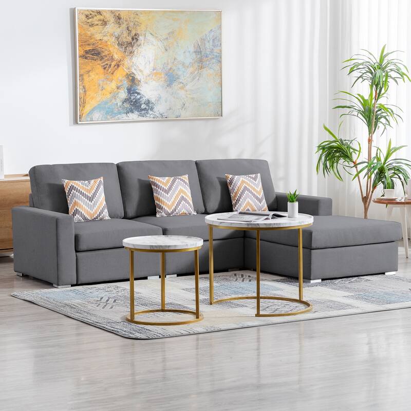 Linen Fabric 3 Piece Reversible Sectional Sofa Chaise with Pillows and Interchangeable Legs in Grey