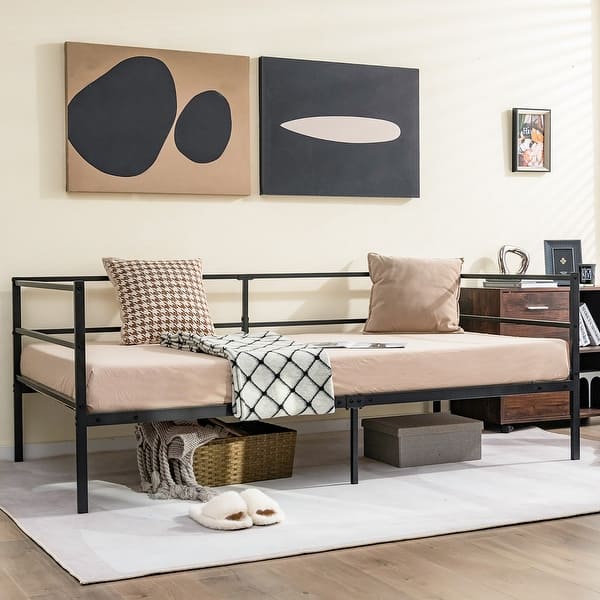 slide 2 of 10, Costway Twin Daybed Sofa Bed Frame Metal Platform with Headboard for Black - See Details