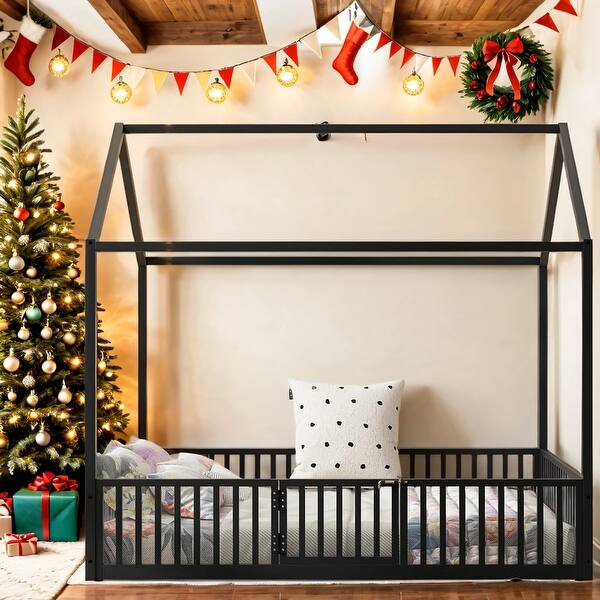 slide 2 of 14, House-Shaped Design Full Size Metal House Bed with Fence and Door,Kids Bed Design