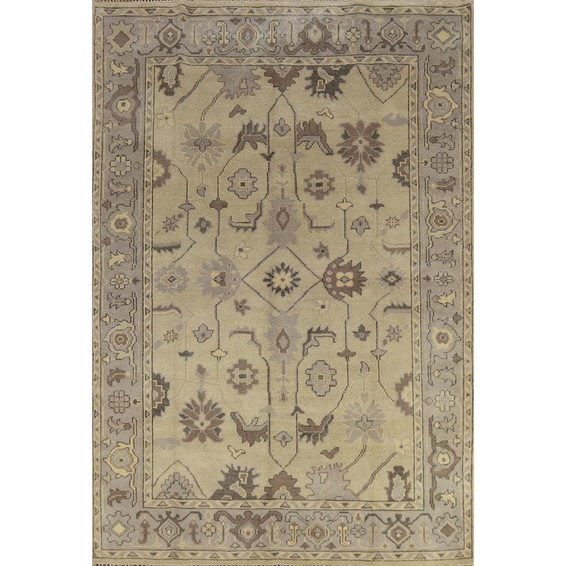 Earth Tone Oushak Indian Area Rug Hand-Knotted Beige Wool Carpet - 6'2" x 8'10"