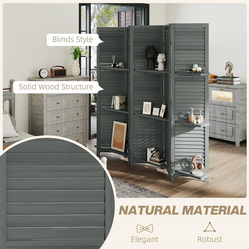 78.75" Wide 5-Panel Foldable Paulownia Wood Room Divider Screen with Built-In Shelves - 78.75" L x 67" H x 0.75" T