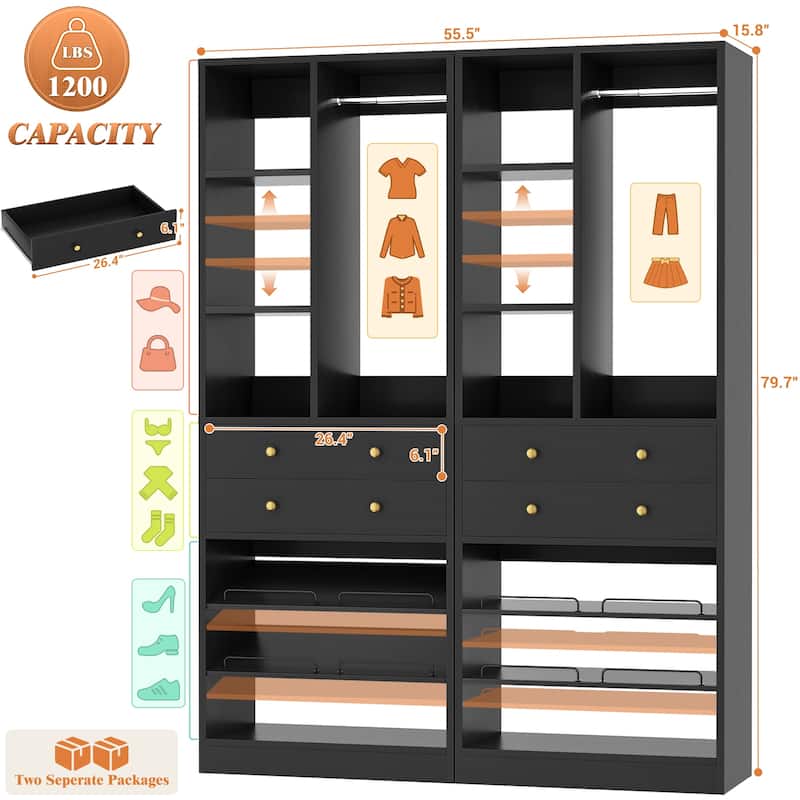 27.7'' Closet Organizer with Shoe Racks and Drawers, Closet System with Hanging Rod and Adjustable Shelves