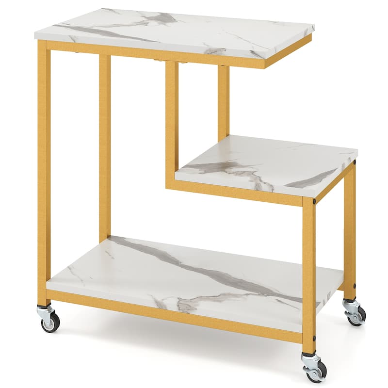 3-Tier G-Shaped Wooden Side End Table with Wheels and Storage for Living Room or Office Use - 23" x 12" x 24"