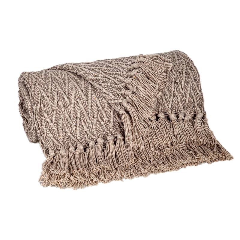 HomeRoots 52" X 67" Brown Woven Cotton Chevron Throw Blanket with Fringe