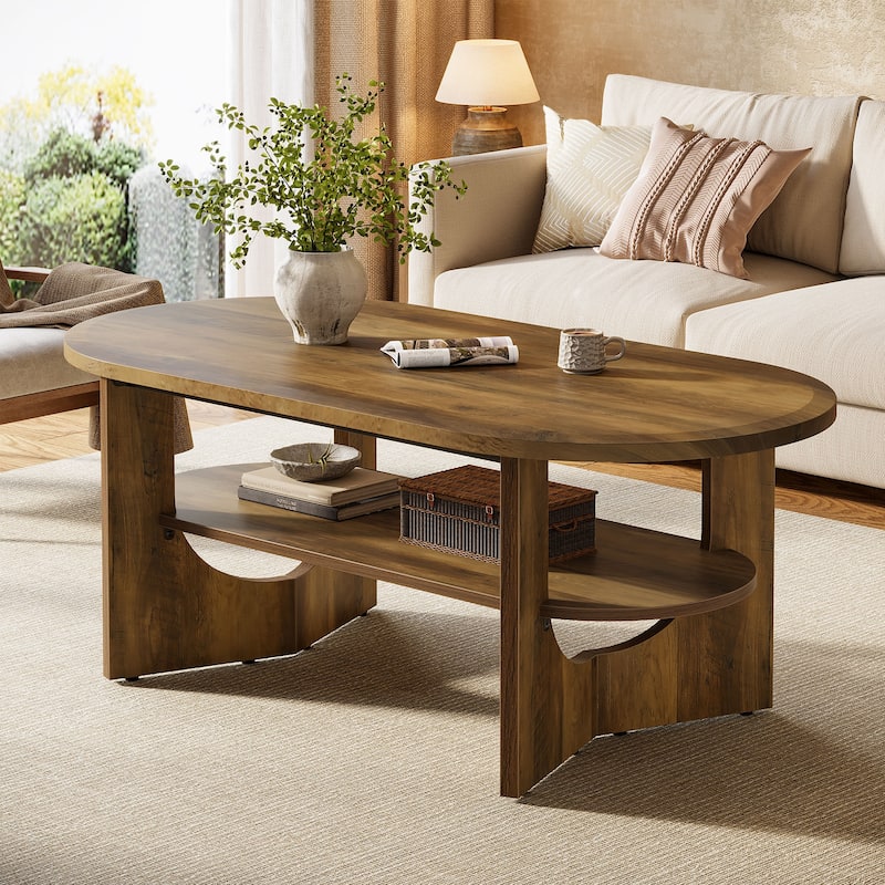 47.24" Farmhouse Wooden Oval Center Coffee Table with Storage