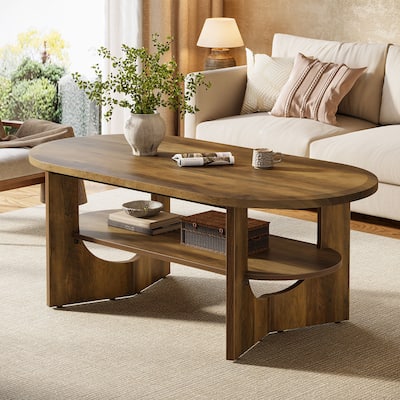 47.24" Farmhouse Wooden Oval Center Coffee Table with Storage
