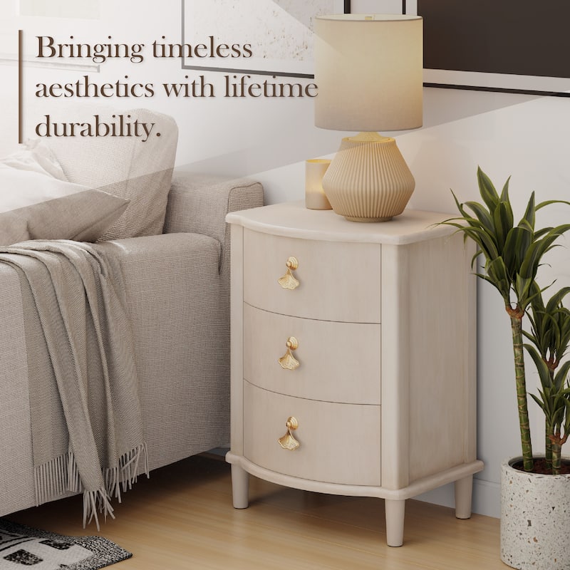 COZAYH Elegant 3-Drawer Nightstand with Gold Leaf Handles, Vintage Curved Front Design, Distressed Finish