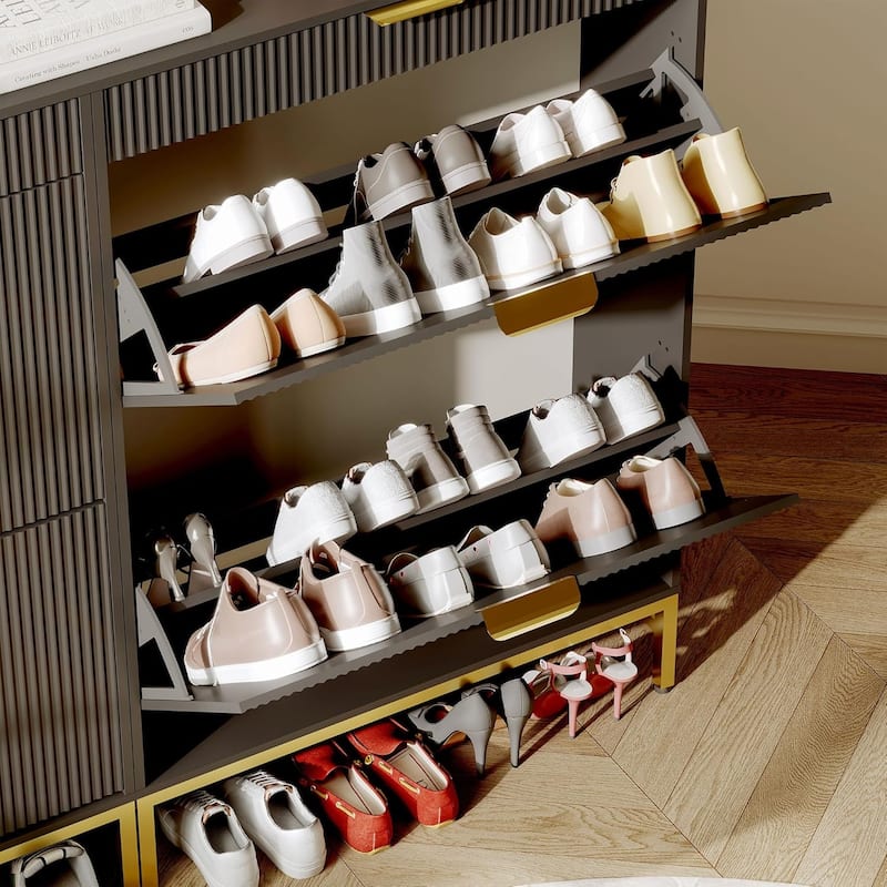 Fluted Shoe Storage Cabinet, Narrow Shoe Organizer with 2 Flip Drawers
