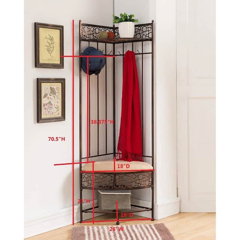 Copper Metal Corner Hall Tree with Storage Bench Hooks and Shoe Rack - 71'' H X 26'' W X 19'' D