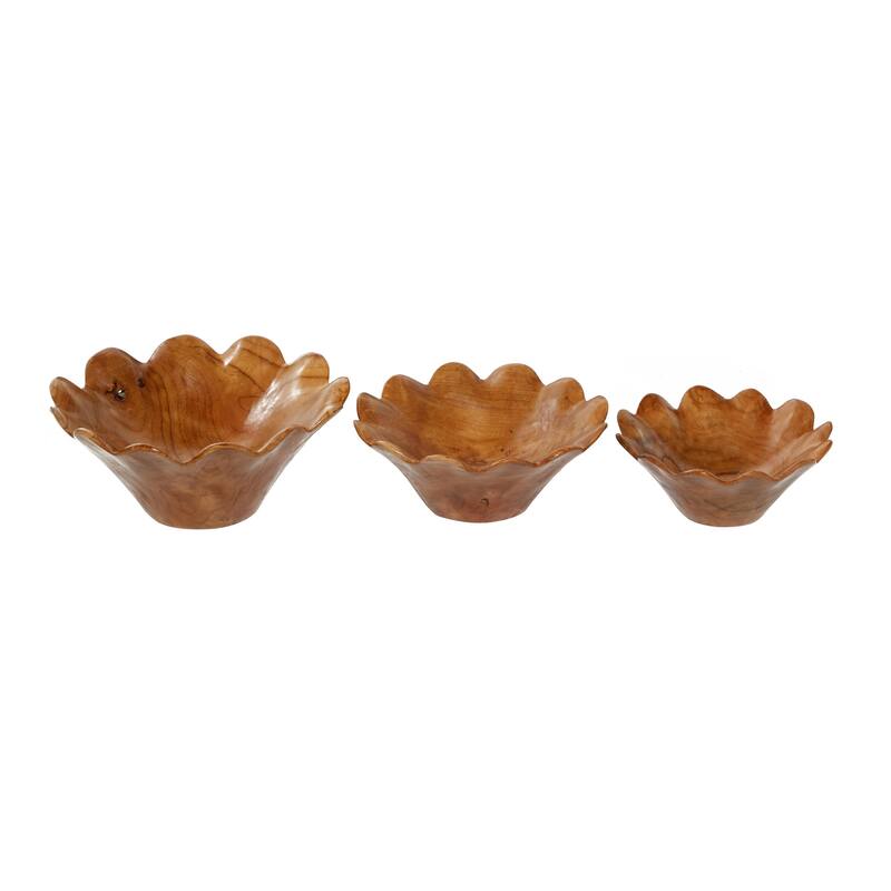 Teak Wood Floral Handmade Decorative Bowl - Set of 3 Brown - Roche River Decor