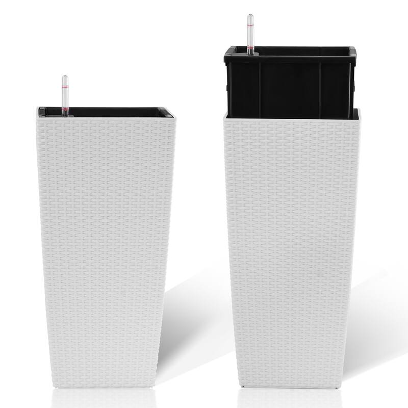 Square Planter Pack of 2, Faux Rattan Flower Pot with Automatic Watering System