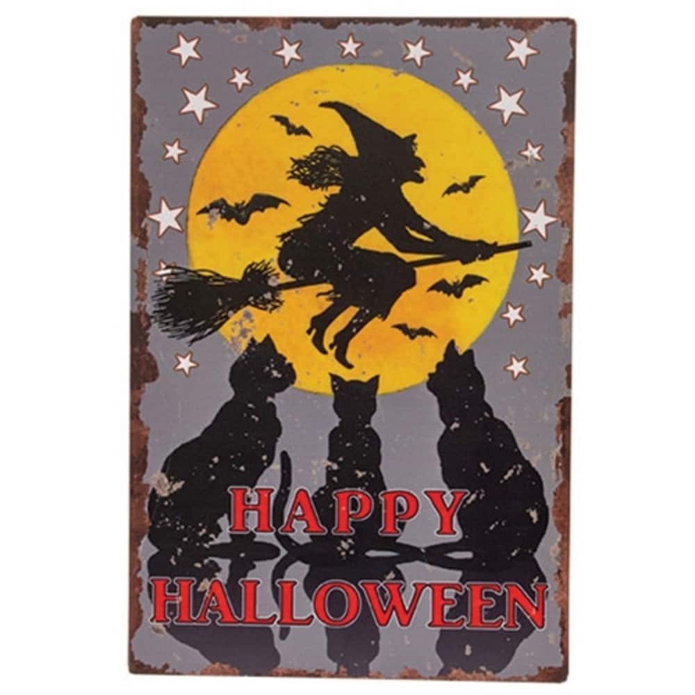 Happy Halloween Witch & Cats Metal Wall Sign