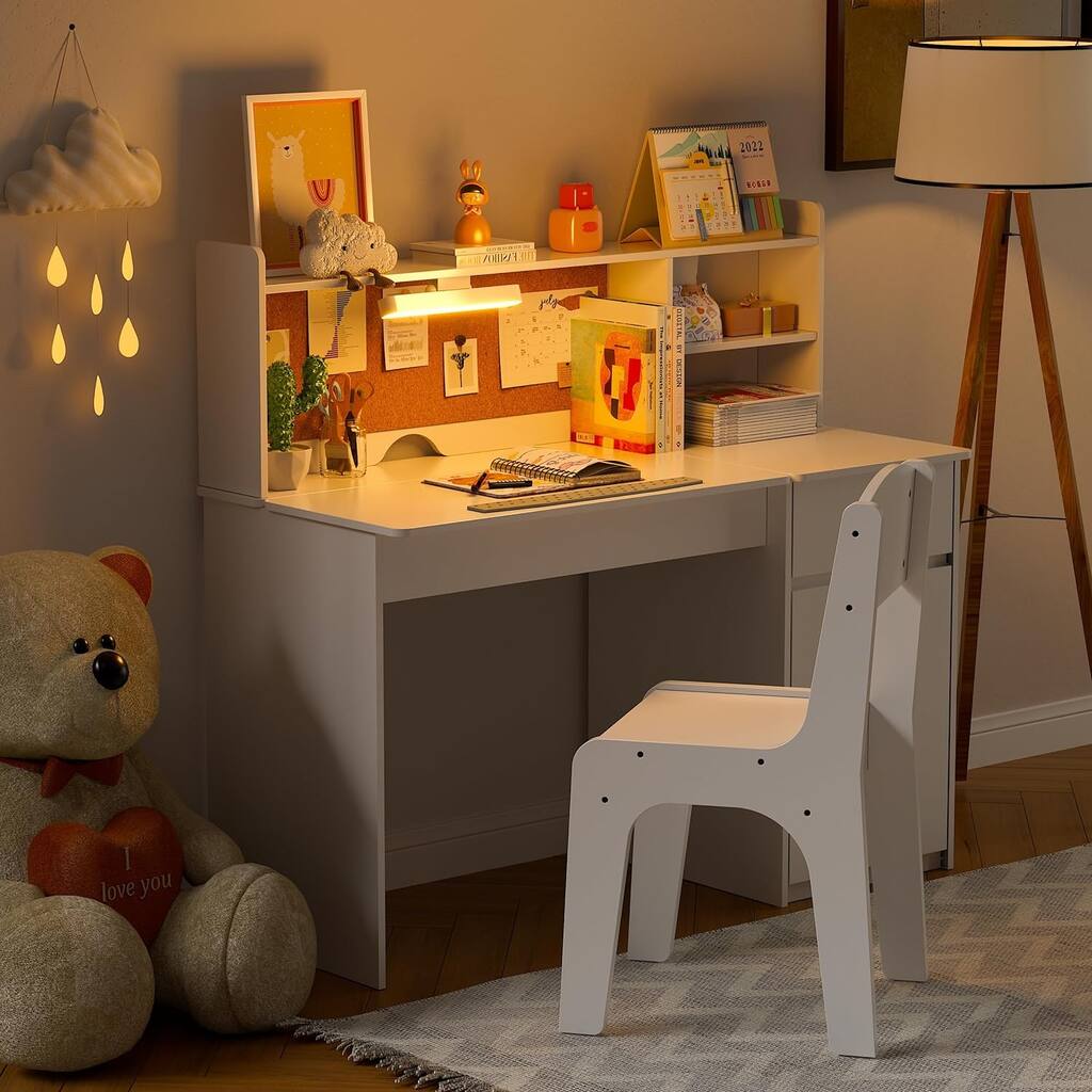 Kids Desk and Chair Set,Kids Study Desk with 3-Color Lights,Tiltable Desktop for Kids 5-12