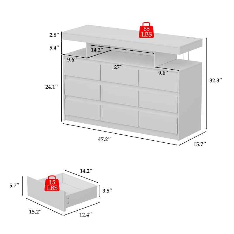 Modern 9-Drawer Dresser with RGB LED Lights and Built-in Power Strip - White Storage Chest