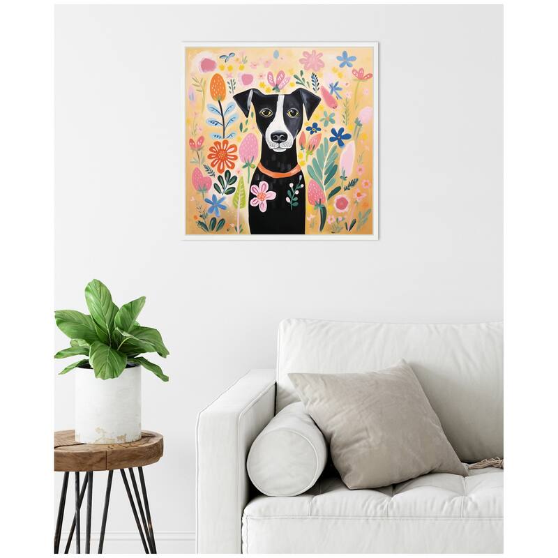 Kate and Laurel Sylvie Black and White Dog Botantical Yellow Framed Canvas by The Creative Bunch Studio