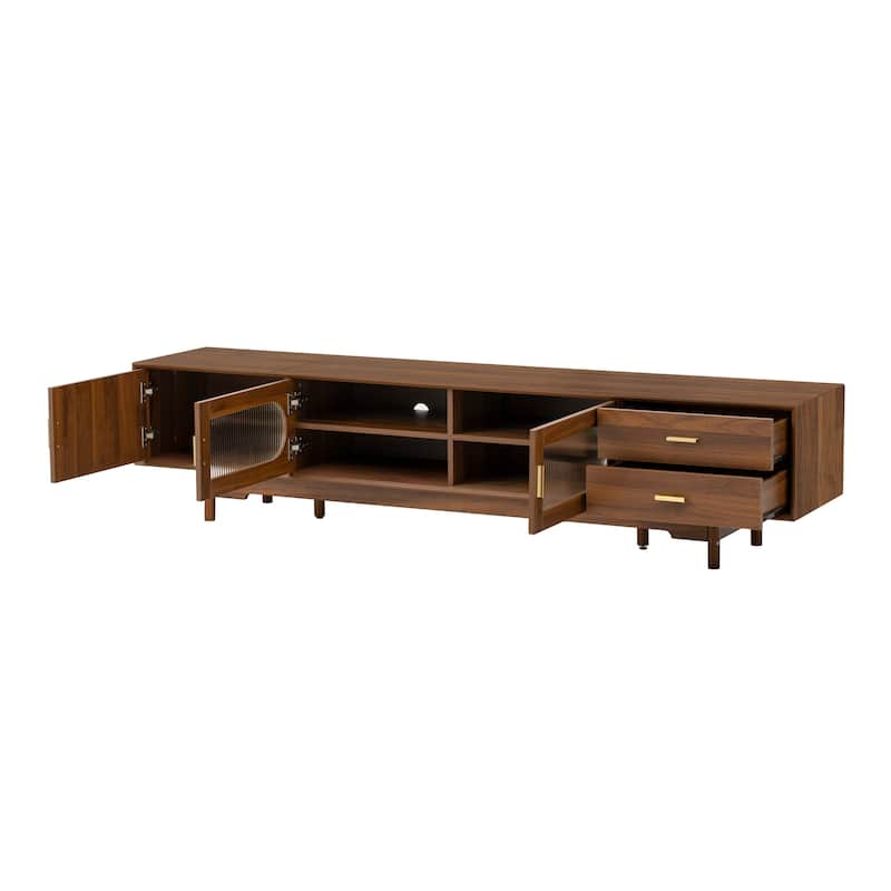 Roomfitters 78 Inch TV Stand for TVs up to 85 Inch, Media Console with Fluted Glass Doors, 2 Drawers & Solid Wood Legs, Walnut