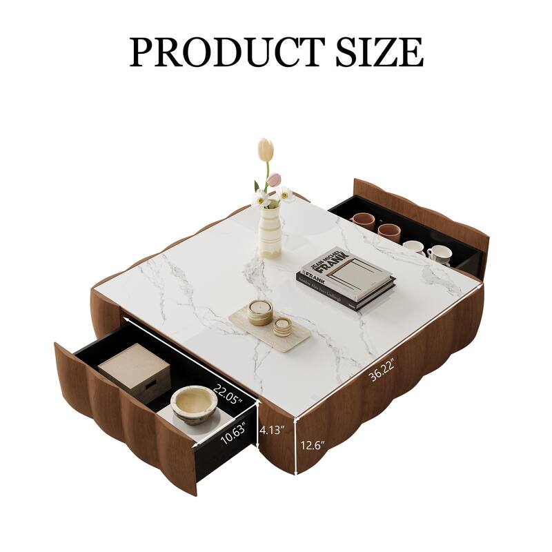 36" Mid-Century Modern Coffee Table - Curved Edge Sintered Stone & Solid Wood Veneer Frame with Hidden Storage Drawer