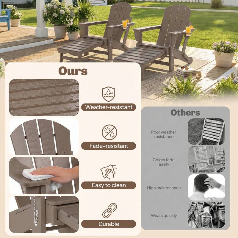 Outsunny Folding Adirondack Chair Set of 2, Outdoor HDPE Fire Pit Chair with Retractable Ottoman