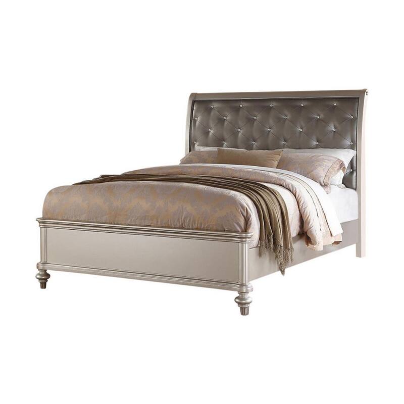 Opulent Wooden E.King Bed with Silver PU Tufted HB, Shinny Silver Finish