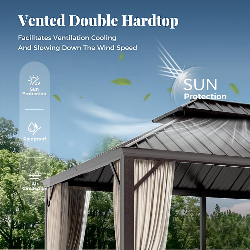 MAISON ARTS 14x20' Hardtop Aluminum Galvanized Steel Double Roof Gazebo with Netting & Curtains