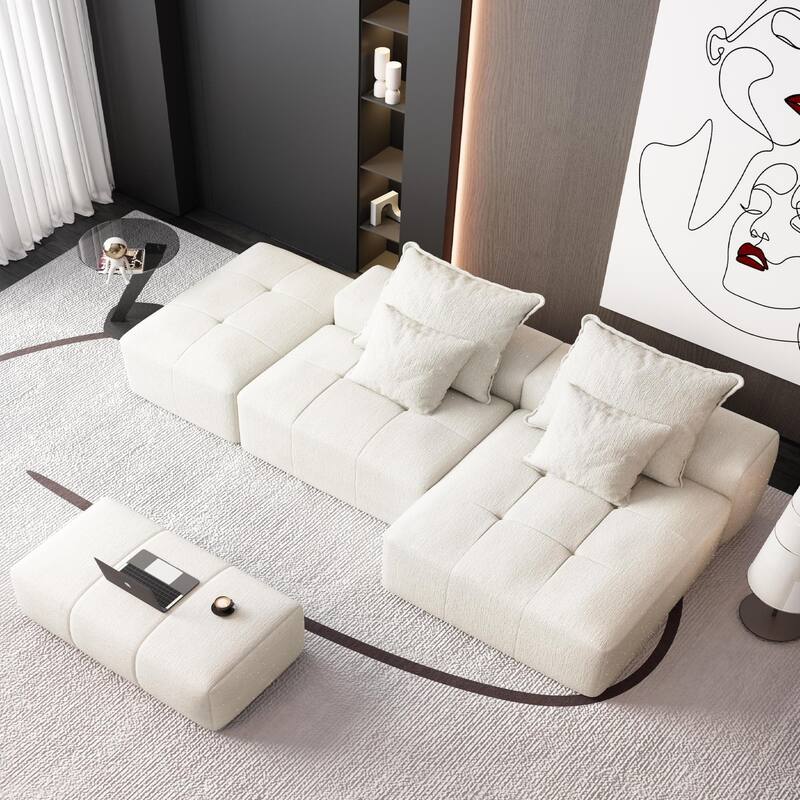 Oversized Modular Chenille Sectional Sofa with Ottoman, Chaise Lounge, 1 Armrest and 4 Pillows for Living Room