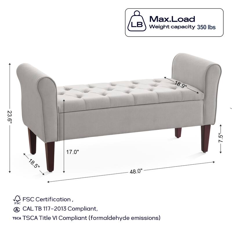 Arm Fabric Storage Ottoman Bench with Solid Wood Legs, 48"W x 18"D x 23"H