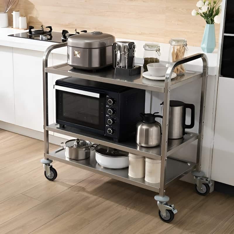 Silver Stainless Steel 3-Tier Utility Cart with Wheels and Adjustable Shelves - 37.5"D x 19.7"W x 37.7"H
