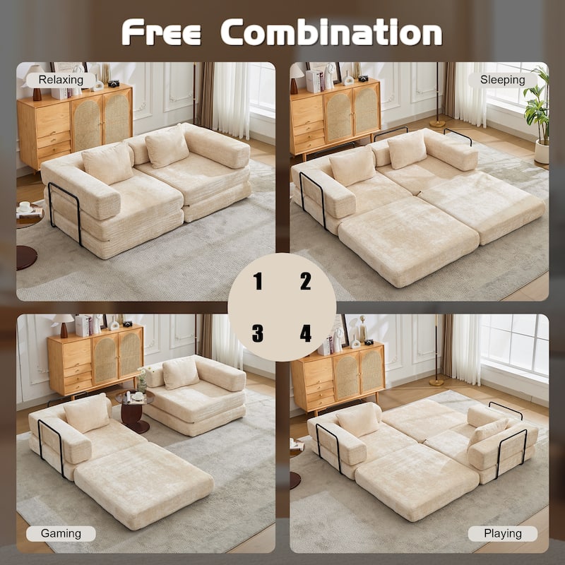 Convertible Floor Sofa Bed - Fixed Frame Chenille Loveseat, Modular Sectional, No Assembly Required