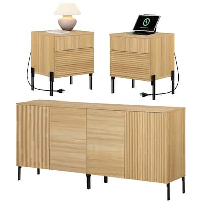 4 Pcs Bedroom Set，Wooden Dresser and Nightstand Sets for Bedroom, Reeded Night Stand of 2 with Charging