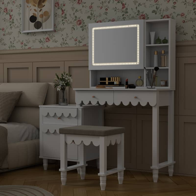 Makeup Vanity Desk With Touch Screen Lighted Sliding Mirror Stool