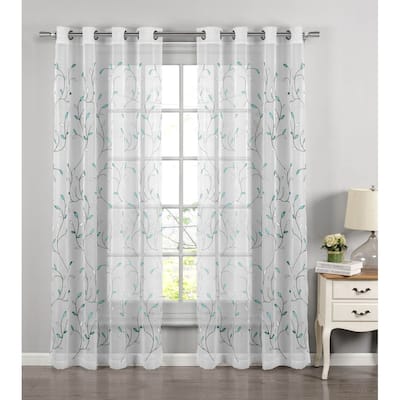 Wavy Leaves Embroidered Sheer Extra Wide Window Curtain (Single Panel)