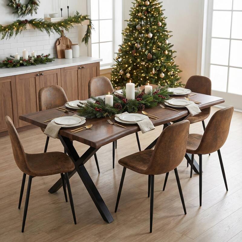 Homy Casa 7PCS Dining Set, Dark Brown Table and 6 Suede Upholstered Chairs