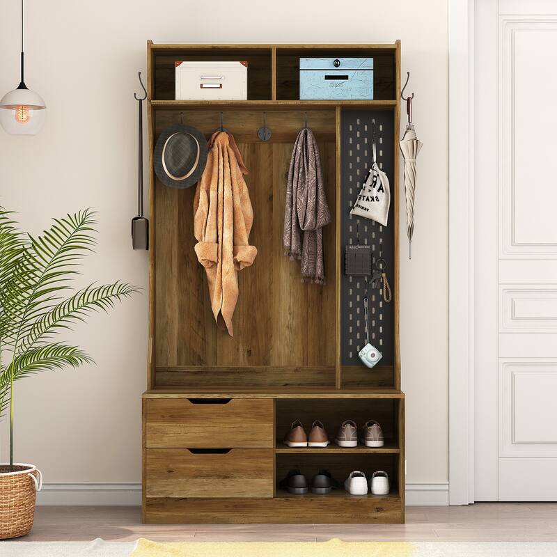 Modern Coat Rack Stylish Hallway Rack with Shoe Bench Storage Compartment 6 Hooks, Storage Bench, for Entryway, Hallway, Brown - Brown
