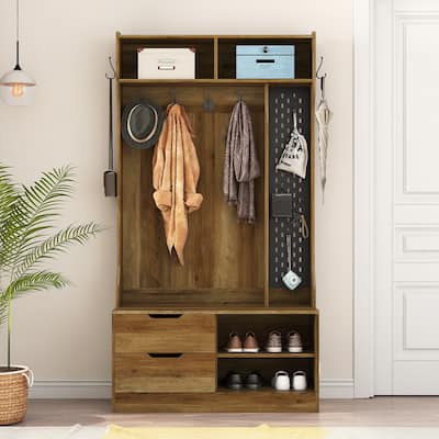Modern Coat Rack Stylish Hallway Rack with Shoe Bench Storage Compartment 6 Hooks, Storage Bench, for Entryway, Hallway, Brown