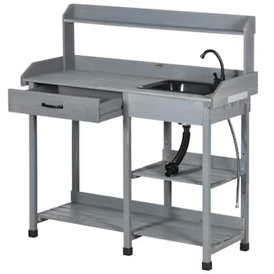 Wood Outdoor Potting Bench with Sink and Storage Durable Garden Workstation for Patio - 45.25" W x 17.75" D x 48.5" H