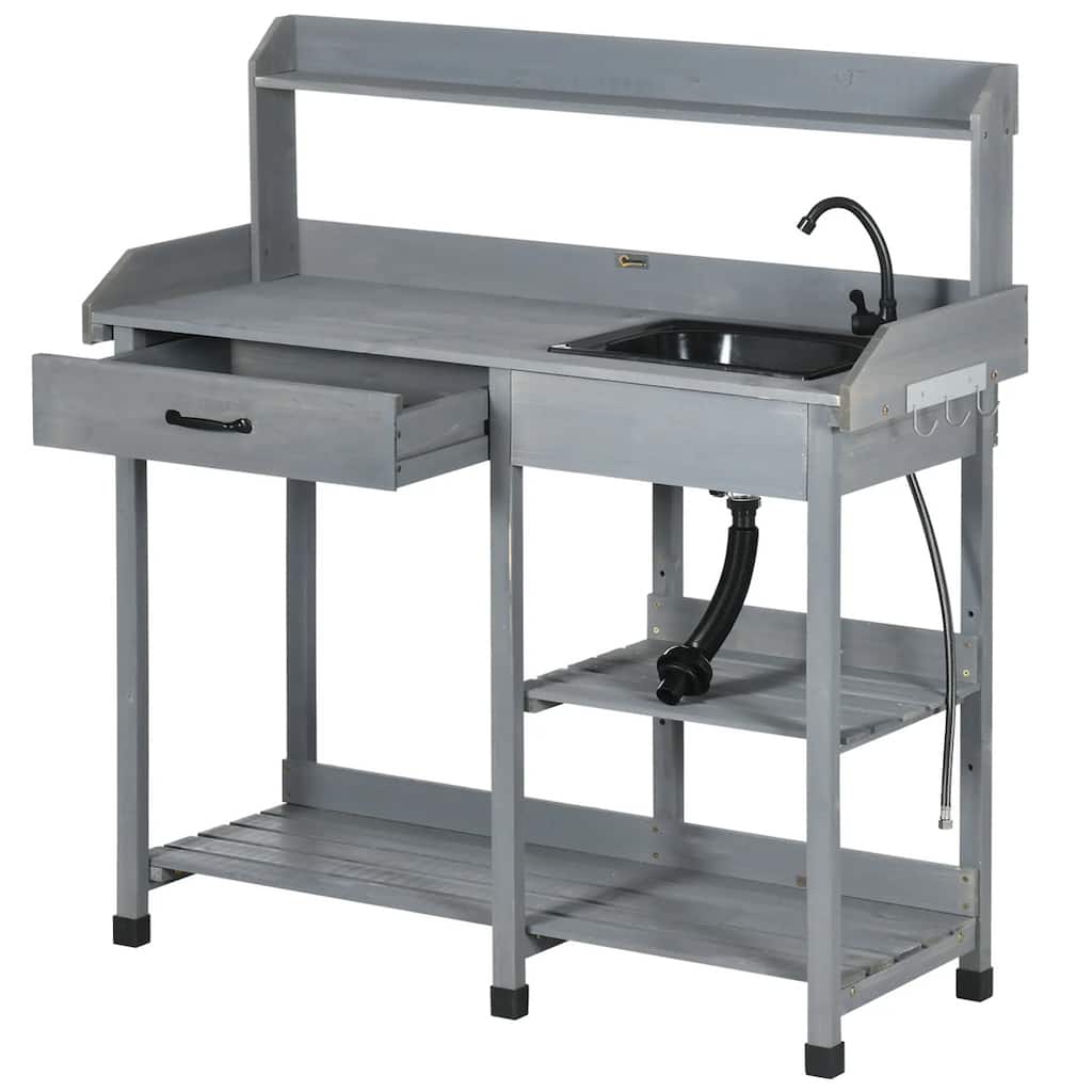 Wood Outdoor Potting Bench with Sink and Storage Durable Garden Workstation for Patio - 45.25" W x 17.75" D x 48.5" H
